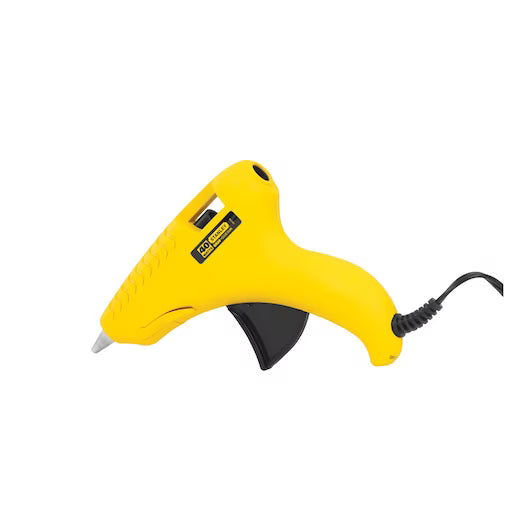 The STANLEY 8-1/2 in Heavy Duty Hot Melt Glue Gun, featuring a yellow body with a black trigger and power cord, is displayed on a white background to showcase its professional adhesive tool design.